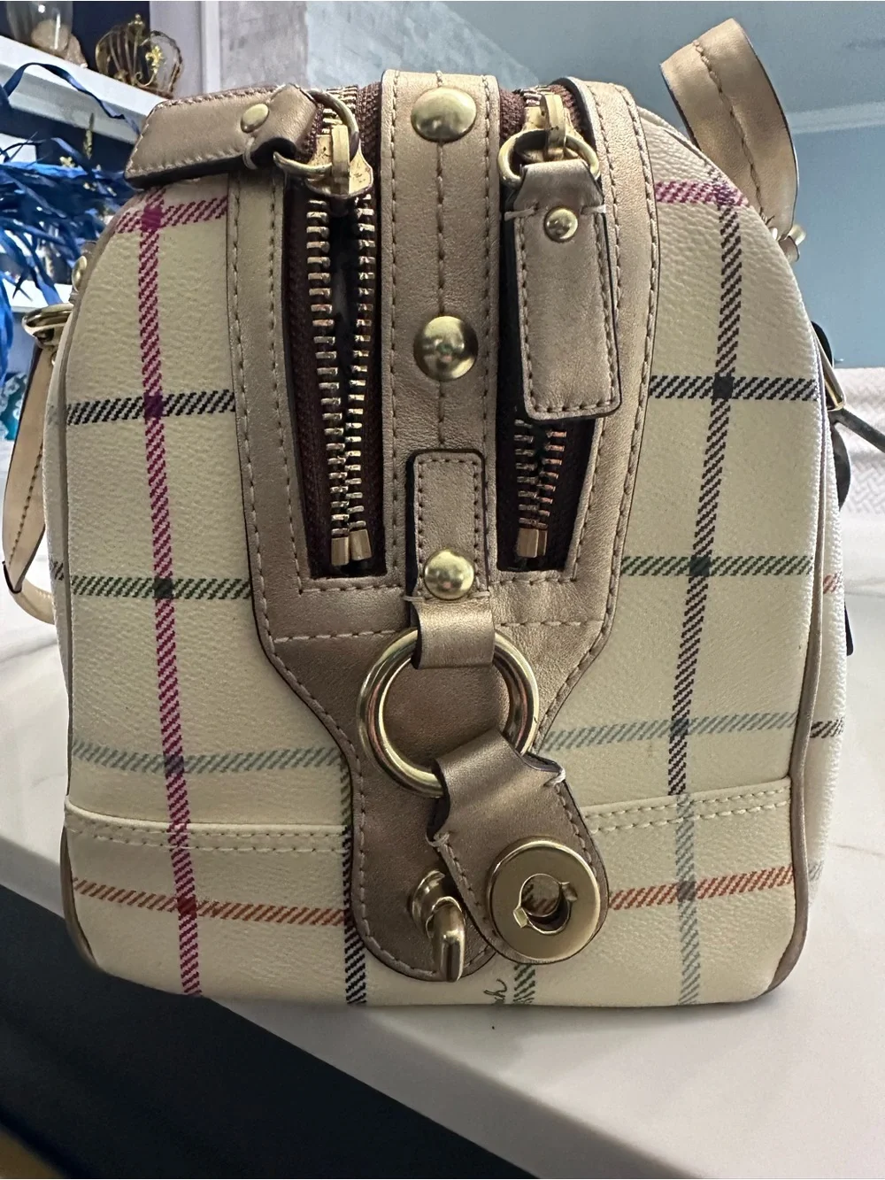 Coach Cream Satchel with Multicolor Plaid Stripes